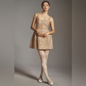 Brand New Anthropologie Maeve Tweed Fit & Flare Mini Dress Neutral 12 Petite